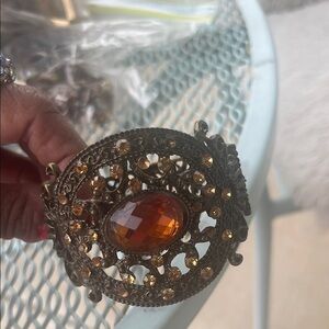 Vintage Style Ornate Brooch with Amber Stone